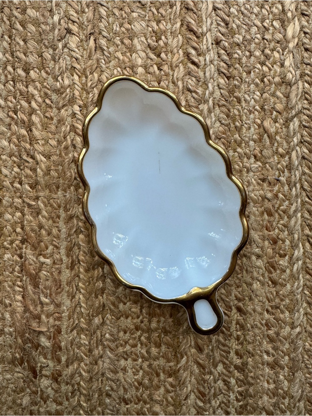 Vintage milk glass leaf dish with gold trim